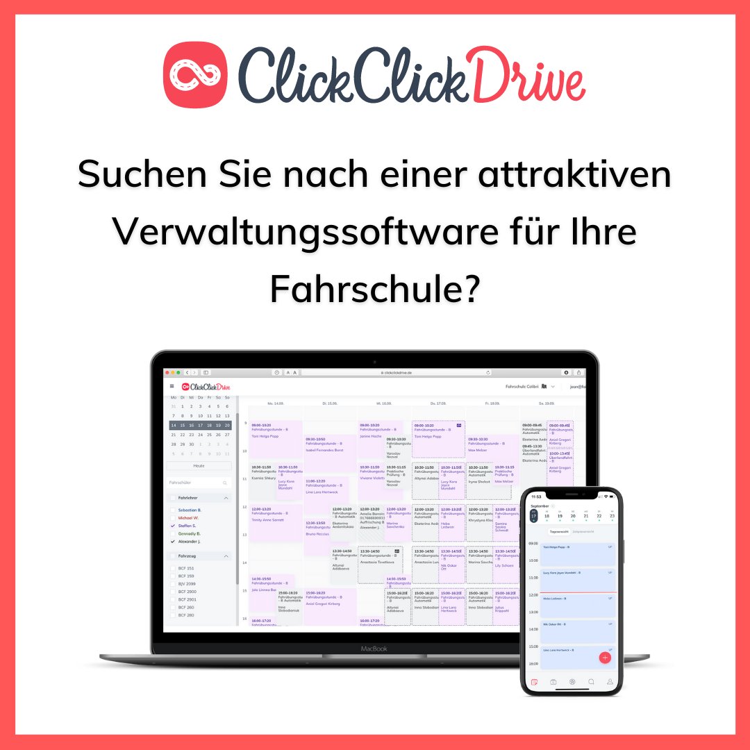 clickclickdriDE's tweet photo. Suchen Sie nach einem Programm, dass alle Bedürfnisse Ihrer Fahrschule abdeckt?  Wir haben die Lösung! Unsere Verwaltungssoftware vereint Theorie-App, Präsentation, Marketing &amp; Verwaltung auf einer Plattform.  
#ccd #fahrschule #verwaltungssoftware #clickclickdrive https://t.co/TCMAmYxmo4