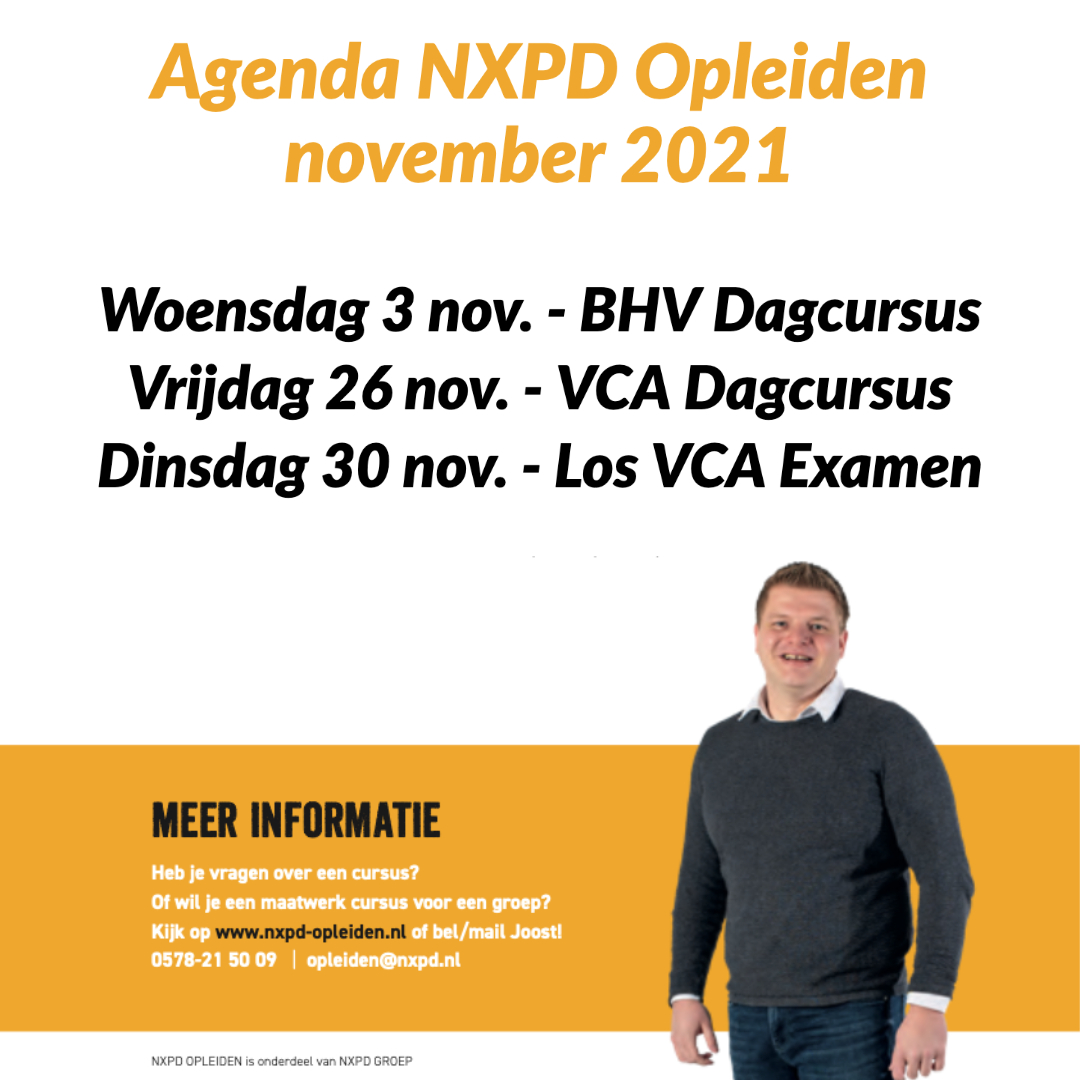 𝗔𝗴𝗲𝗻𝗱𝗮 𝗡𝗫𝗣𝗗 𝗢𝗽𝗹𝗲𝗶𝗱𝗲𝗻 - 𝗻𝗼𝘃𝗲𝗺𝗯𝗲𝗿 𝟮𝟬𝟮𝟭

Kijk voor meer informatie over de betreffende cursussen op nxpd-opleiden.nl

#NXPD #bouw #infra #techniek #industrie #Zwolle #Heerde #Hattemerbroek #BHV #VCA #VCABASIS #VCAVOL #cursus #dagcursus #Examen