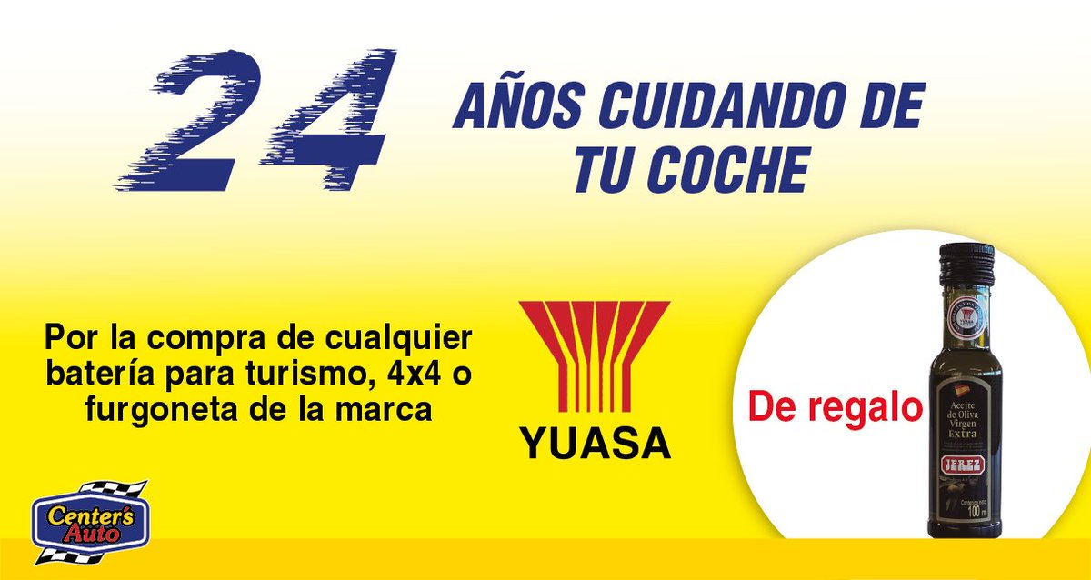 ¡¡Ven a celebrar con nosotros nuestro #24Aniversario!! Por cada batería Yuasa que compres de turismo, furgoneta y/o 4x4, ¡¡de regalo esta botella de aceite!!
¡No te quedes sin ella!
#24Aniversario #centersautogranada #YUASA #Baterias #tallertienda #almeria