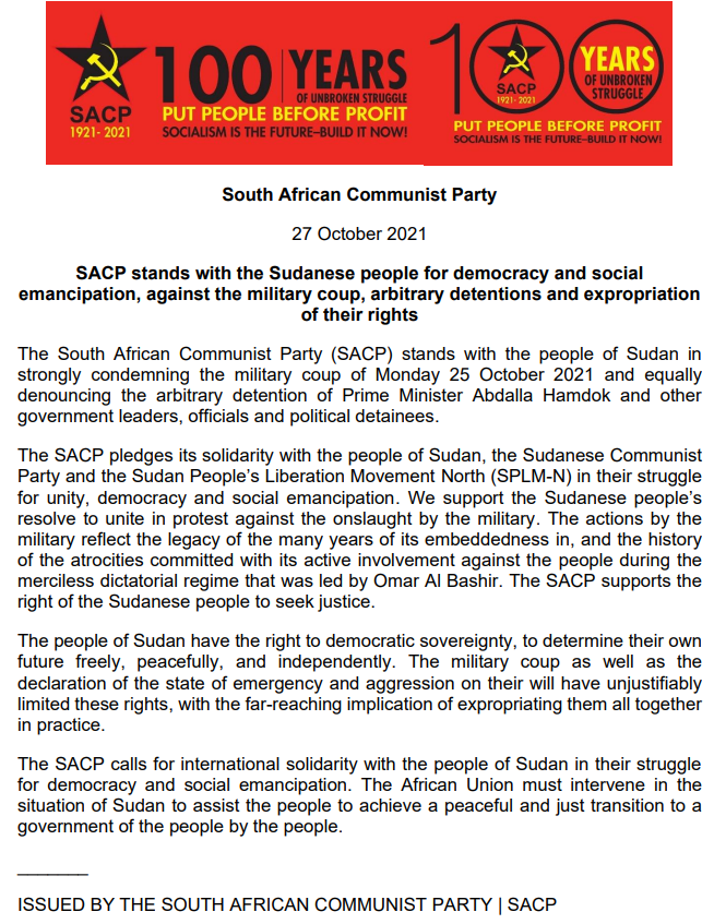 SACP stands with Sudanese people for democracy and social emancipation, against the military coup, arbitrary detentions and expropriation of their rights