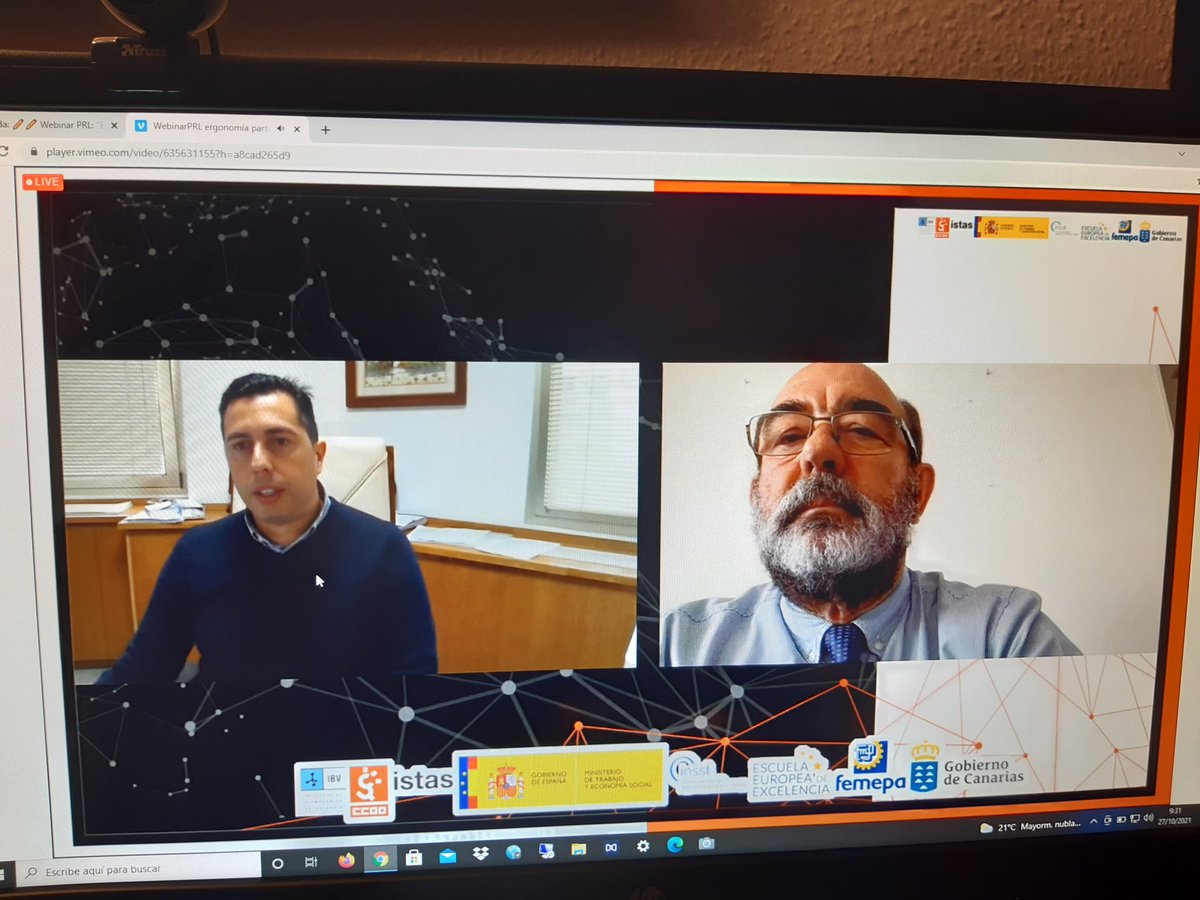 ICASELcanarias's tweet photo. #PRL #ICASEL #SemanaEuropeaRESST
Webinar Ergonomía participativa:#ERGOpar 2021
 #TRabajo @AlejandroRamosGuerra junto a Vicente Marrero Domínguez
Presidente @FEMEPA_LP abren la jornada y aperturan la Campaña Europea
👇
Síguelo https://t.co/q7ZhM7tlBa https://t.co/dkf4JnFygJ