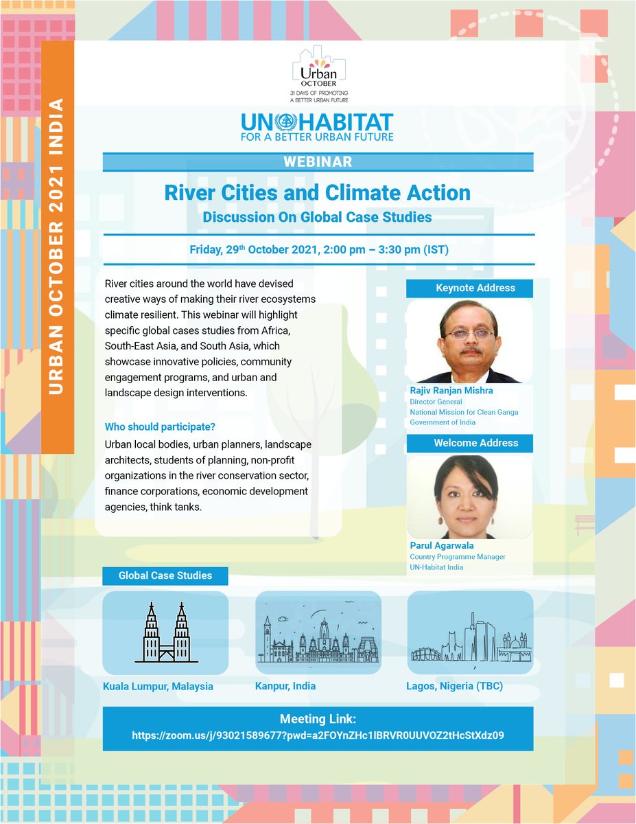 UNHabitatIndia's tweet photo. Rivers are living ecosystems that support elements of nature and forms of life. Join us to learn about some innovative approaches adopted by river cities globally towards climate sensitive development. 
https://t.co/K0wy6f3dqf
@RajivRanjanMis5 @DBKL2u @MoHUA_India https://t.co/tFjlrQZnGR