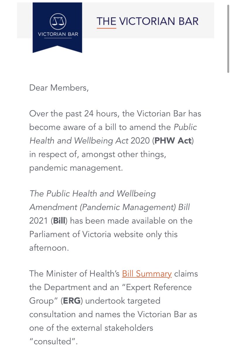 LukeStanistreet's tweet photo. 1/5 Powerful communication to all Victorian Barristers from the President of the Victorian Bar, Chris Blanden QC, in relation to the Public Health and Wellbeing Amendment (Pandemic Management) Bill 2021. https://t.co/I8hwN5YDf2