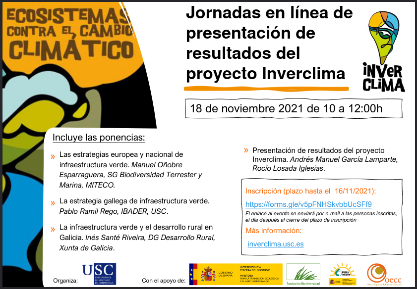 El 18 de noviembre se presentarán, online, los resultados del proyecto <a href="/inverclima/">Inverclima</a>, iniciativa cuyo objetivo es mejorar la planificación territorial de la #infraestructuraverde y contribuir, de este modo, a la mitigación y adaptación al cambio climático.