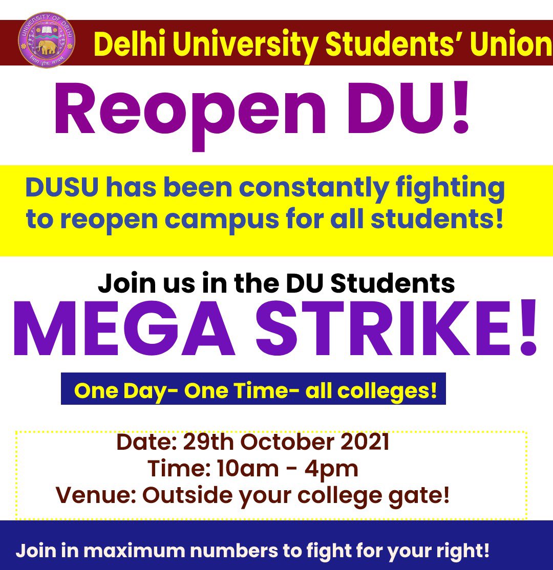 DUSUofficial's tweet photo. Student Unity Long Live ✌️✨

Reopen DU !! 
Join us in the DU students MEGA STRIKE on 29th October outside every college gate.

One Day , One Time , All Colleges https://t.co/pAA6b3ImtR