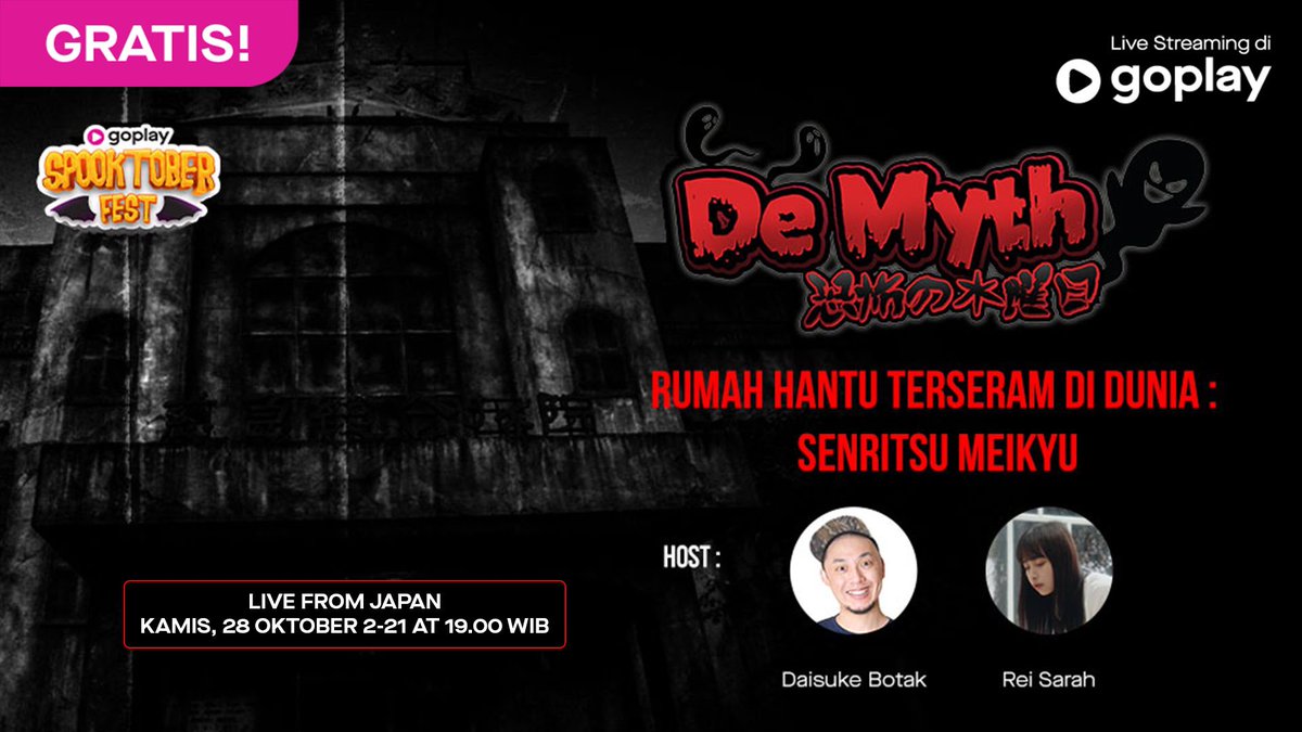 EverywhereID's tweet photo. Siapa yang berani ke rumah hantu paling seram? Yuk, ikut Rei &amp; Daisuke, ke Senritsu Meikyu, rumah hantu  serem di Jepang👻 https://t.co/KjNtH9CR2e

#DeMyth #SpooktoberFest #RumahHantu #Horror https://t.co/YgbKmk7WBU