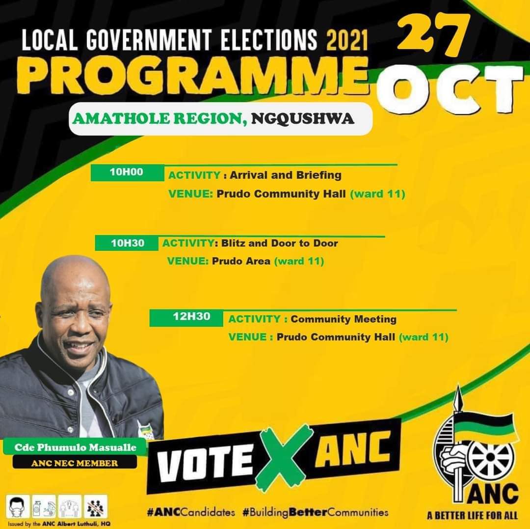 ANC NEC Member Cde Phumulo Masualle today is leading election campaign trail @ Ward 11, Ngqushwa Sub-Region, Amathole Region to galvanize support for #LGE2021. 
<a href="/MYANC/">ANC - African National Congress</a>
<a href="/ANCParliament/">ANC Parliament</a>
<a href="/Jamilogy/">Ayanda Jam</a>
<a href="/Amanda_Tshemese/">Amanda Tshemese❤️</a>
<a href="/tassarawilson/">Tasara W Makamure 🇿🇼🇿🇦</a>
<a href="/pearlido/">Pearly-Pearl</a>
⚫️🟢🟡