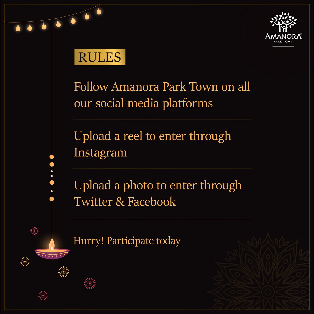 CONTEST ALERT !!!!!​

Avail the exciting opportunity to win Amazon Vouchers worth up to 5000!

Swipe for rules! ​

Don’t forget to tag @Amanora Park Town and share a sweet memory with your loved ones in the caption with the hashtag #ManaoBehtarDiwali!​

 Hurry! #ParticipateNow