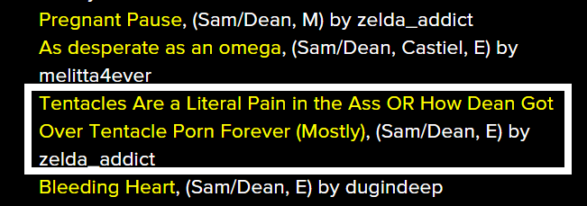 Jessie_Cristo's tweet photo. When you go to @spnnewsletter on LJ to find something new, fun and exciting to read, and you see this... how did they know eXACtly what I wanted??! :)) lol
#fanficlife #fanfiction #wincest #tentacleporn
Link to fic if it floats ur boat, too -> https://t.co/jlQNnRXNyz https://t.co/Li8IGkp63w