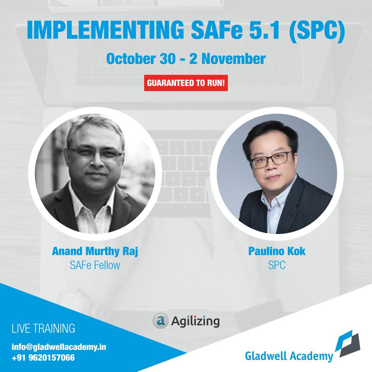 ‼️3 Days to go for the Live Training‼️

Date: October 30 - 02 November
Trainer: Anand Murthy Raj, SAFe Fellow &amp; Paulino Kok, SPC

Have you booked a slot yet?
To register, pls contact Anoop at +91 -9620-157-066 or send us an email at anoop.upadhyaya@gladwellacademy.in 

#agile