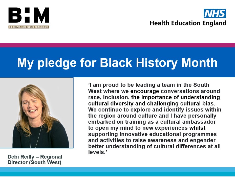 NHSE Workforce, Training and Education – SW (@nhshee_swest) on Twitter photo As part of #BlackHistoryMonth, HEE colleagues have been sharing their pledges for the month and beyond.
See below for <a href="/DebiReilly3/">Debi Reilly</a> #BlackHistoryMonth Pledge and the personal action she is taking to become a cultural ambassador.
Join the conversation and make your own pledges. As part of #BlackHistoryMonth, HEE colleagues have been sharing their pledges for the month and beyond.
See below for <a href="/DebiReilly3/">Debi Reilly</a> #BlackHistoryMonth Pledge and the personal action she is taking to become a cultural ambassador.
Join the conversation and make your own pledges.