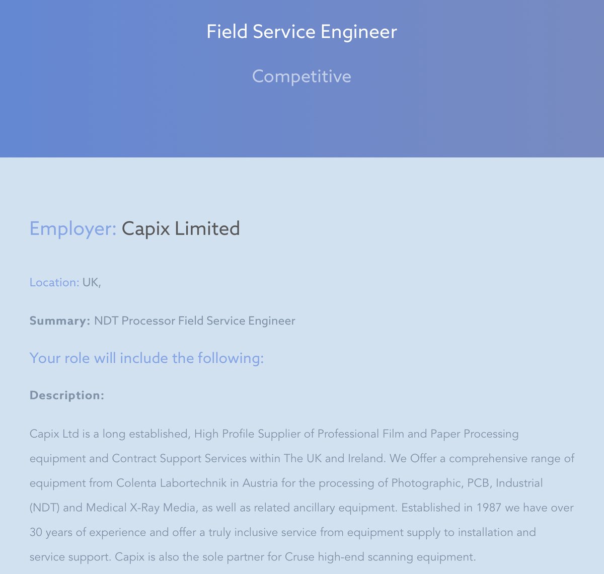⭐️ JOB ALERT ⭐️ 

New opportunity available Capix Limited

⏱closing date 10/12/21 ⏱

Head over to our jobs section at #WhichNDT to find out more. You can upload your CV and apply now! 💥

whichndt.com/ndt-jobs/detai…

#ndt