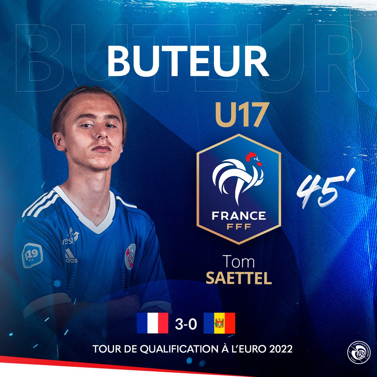RCSA's tweet photo. 🇫🇷 #SélectionRCSA I Tom #Saettel buteur avec l'@equipedefrance U17 ! 🎯

⏱️ Titulaire, notre milieu de terrain a d'abord délivré une passe décisive avant de trouver le chemin des filets à la 45' !
✅ France 3-0 Moldavie
🏆 Tournoi de qualification à l'Euro 2022 https://t.co/EFJWNt2Euj