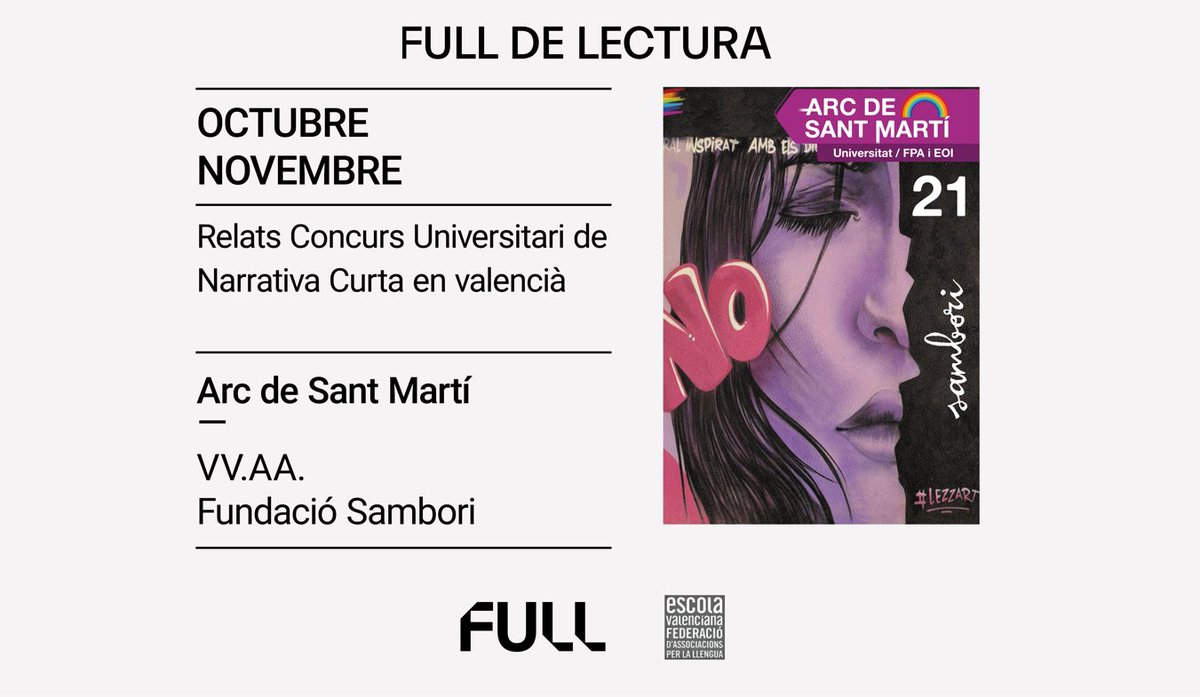 🌈Al #clubdelectura virtual <a href="/FULL_delectura/">FULLdelectura</a> comencem nova #lectura!

📚Parlarem dels relats #ArcDeSantMartí de <a href="/FSambori/">Fundació Sambori</a>, guardonats en el Concurs Universitari de #Narrativa Curta en Valencià 2021

📽️Tots els materials a fulldelectura.com
