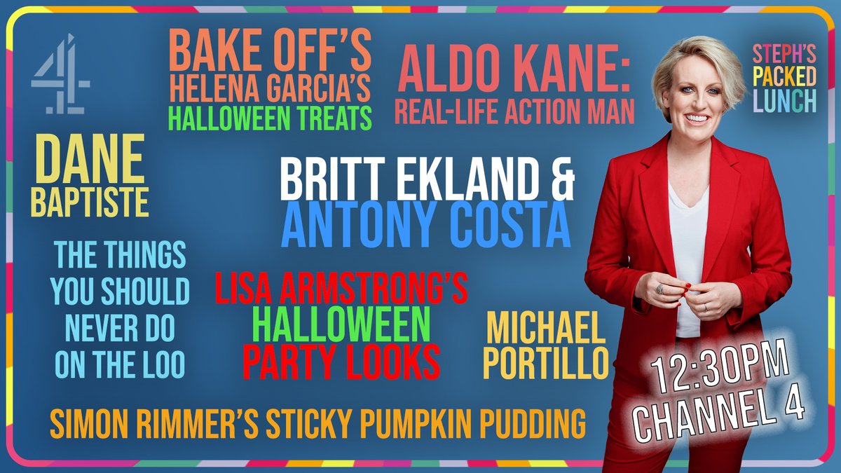PackedLunchC4's tweet photo. Inside Wednesday's Wickedly Wondrous  #StephsPackedLunch 📺
🎭 Acting legend Britt Ekland &amp; Blue's Antony Costa tell Steph about their touring play
💪 Real life action man @AldoKane
🩺 Dr Sophie on bad bathroom habits
 🎃 Halloween party looks, treats &amp; puddings 👻 https://t.co/k7tIQo4AZA