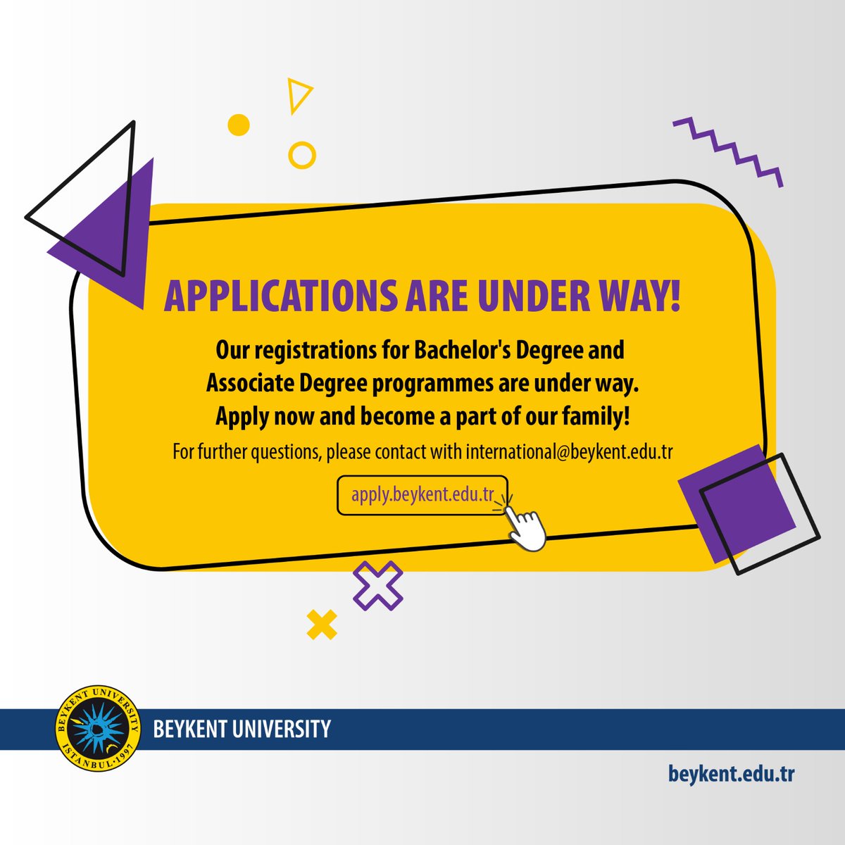 Applications are underway! 
You can apply from: apply.beykent.edu.tr

Become a part of our family 🥳 

#applynow