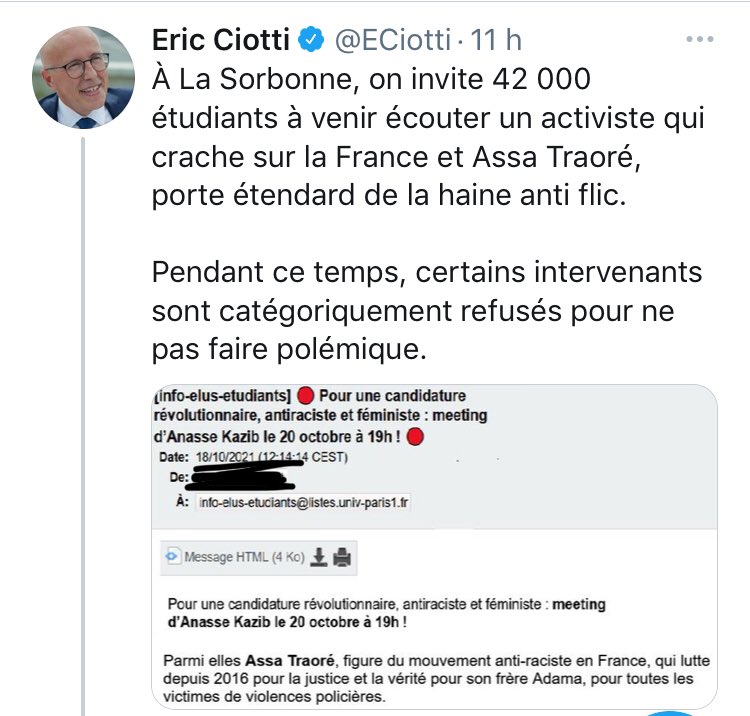 PoingLeveP1's tweet photo. L’extrême-droite vomit sa haine sur tous les plateaux télé h24, dévoile une femme en direct sur CNews mais visiblement le mail d’un élu étudiant pour appeler au meeting d’un candidat racisé et ouvrier suffit à les offusquer ! Nous, il en faudra + pour nous intimider ! #AntiZ https://t.co/QWP2yYIWh7