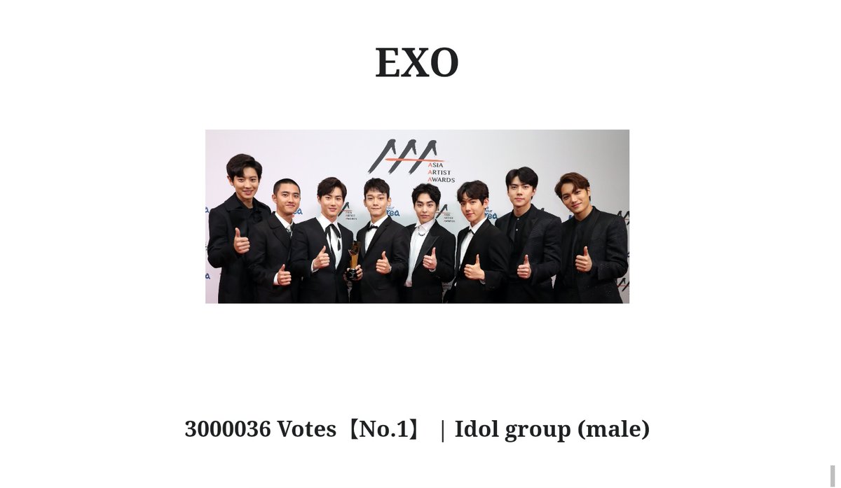 EXOBreakingNews's tweet photo. EXO has now surpassed 3Million Votes on Asia Artist Award🏆@weareoneEXO

https://t.co/IiOzw5MYkt https://t.co/nvALQMxgla