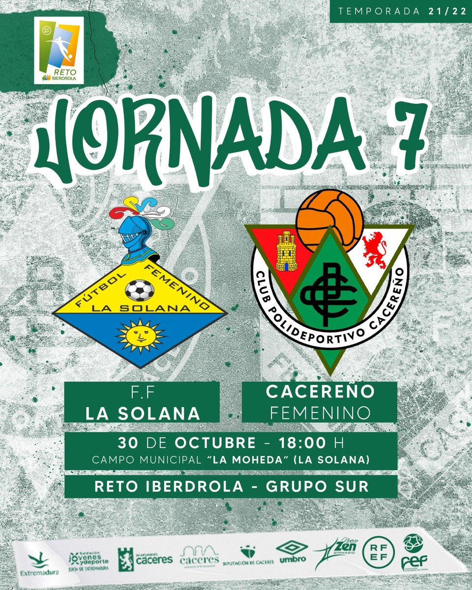 CacerenoFem's tweet photo. 💚‼️ HORARIO CONFIRMADO

🏆 Reto Iberdrola 
⚽️ Jornada 7
🆚 @fflasolana
🏟  La Moheda (La Solana, Ciudad Real)
📅 Sábado 30/10
⌚  18.00 horas

💚💚💚
#TodoalVerde 
#RetoIberdrola
@CPCacerenoSAD https://t.co/TlP2yki69J