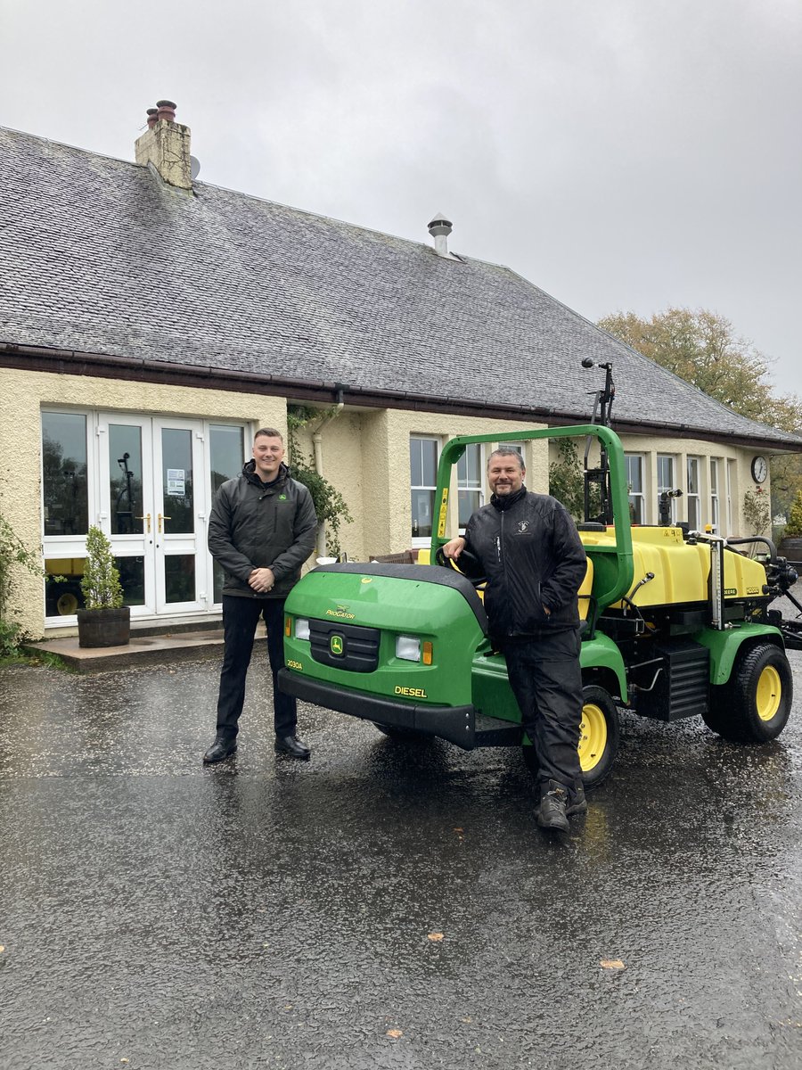 DoubleATrading's tweet photo. Here's one of our salesmen Adam at Kilmacolm Golf Club, dropping off a re-conditioned John Deere Progator and HD 200 Sprayer to manager Jim Mcmurdo. 📸🦌🐊 #JohnDeere #ProGator #Kilmacolm #DoubleA #Scotland #golf #turf #Scotland https://t.co/dHcxf7ffE5