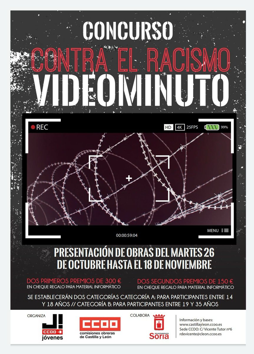 JaviMoreCCOO's tweet photo. 📢 La Secret de Juventud de @ccoo Soria ha organizado el concurso "videominuto contra el racismo"
➡️ Categorías de 14-18 y de 19-35 años
➡️Las obras presentadas son de  tematica libre: ficción, animación, humor, entrevista...
 ➡️ La duración de un minuto y grabadas en horizontal https://t.co/ldlG4z72vo