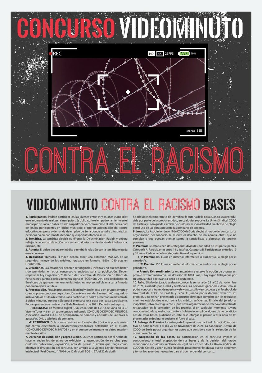 JaviMoreCCOO's tweet photo. 📢 La Secret de Juventud de @ccoo Soria ha organizado el concurso "videominuto contra el racismo"
➡️ Categorías de 14-18 y de 19-35 años
➡️Las obras presentadas son de  tematica libre: ficción, animación, humor, entrevista...
 ➡️ La duración de un minuto y grabadas en horizontal https://t.co/ldlG4z72vo