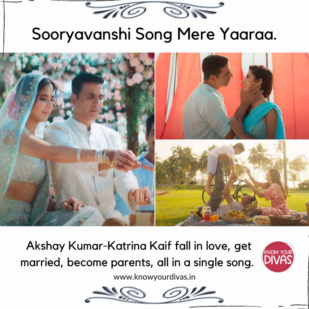 knowyourdivas's tweet photo. Sooryavanshi Song "Mere Yaaraa" Akshay Kumar-Katrina Kaif fall in love, get married, become parents, all in a single song.
.
.
For more details visit- https://t.co/VpFFjsSxYI
.
#sooryavanshi #song #mereyaraa #akshaykumar #katrinakaif #love #merried #parents #divas #knowyourdivas https://t.co/fyBMHxW1I9