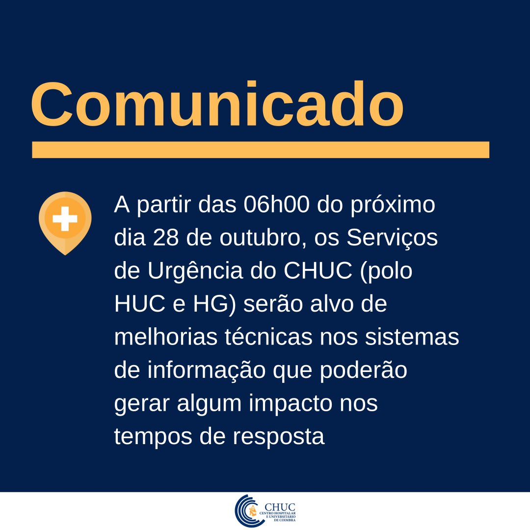 Com vista a melhorar todo o fluxo de trabalho e o atendimento aos utentes nos Serviços de Urgência do #CHUC, os Serviços Partilhados do Ministério da Saúde vão proceder à instalação do Sistema de Urgência do Ministério a partir das 06h00 do próximo dia 28 de Outubro.