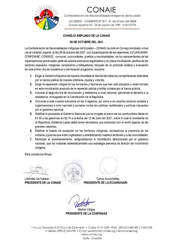 #Ecuador | Dopo il primo giorno di #ParoNacionalEcuador la <a href="/CONAIE_Ecuador/">CONAIE</a> rilancia le mobilitazioni anche per il secondo giorno esigendo dal governo di Lasso la liberazione degli arrestati di ieri (18) e la fine delle politiche neoliberiste che hanno indotto allo sciopero.