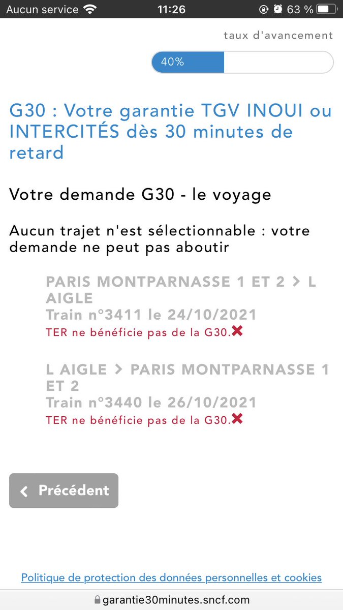 Bonjour @ouisncf <a href="/Intercites/">Intercités</a> le Granville Paris 3440 d’hier soir ayant eu un accident à Nonancourt, cumulant 1:45 de retard, n’est pas éligible à la garantie g30 alors que les équipes à bord du train nous y ont redirigé. Allons nous être remboursés ? Merci beaucoup
