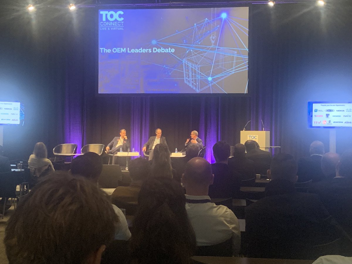 TOCWorldwide's tweet photo. #TOCConnect started day 2 with ‘OEM Leaders Debate’ where Christian - @Siemens & Antti - @Kalmarglobal, shared their lessons learned from the #supplychain disruption of the past 2 years & their roadmap to recovery by embracing greener alternatives.
>> https://t.co/wnQOfV0AgF https://t.co/1ZrqkNwAZ4
