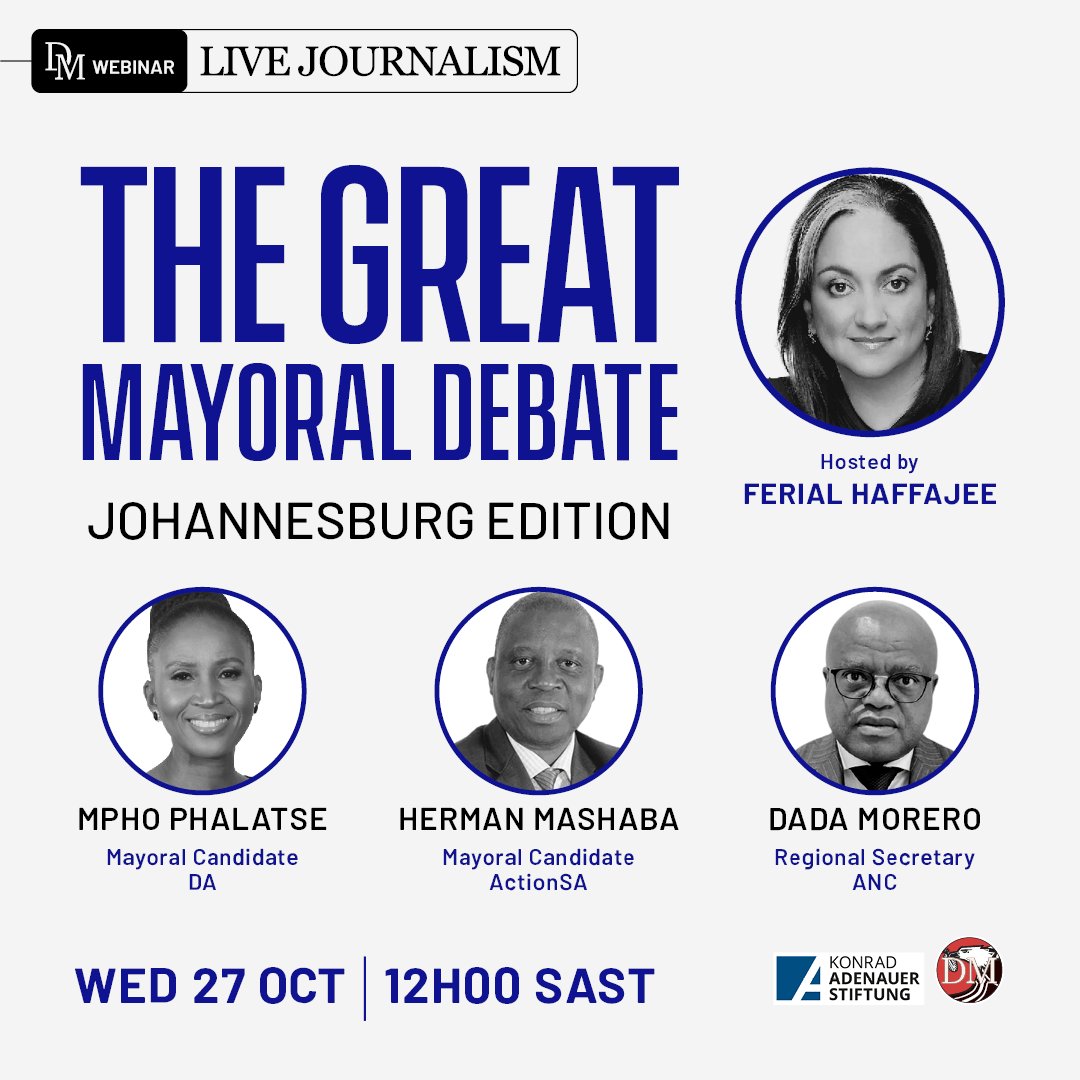 dailymaverick's tweet photo. Starting soon at 12pm. Joburgers, here's your chance to get all the insights you need ahead of the local elections. Join the dicussion with Ferial Haffajee, Mpho Phalatse, Herman Mashaba and Dada Morero here: https://t.co/UNHn6nFhRo https://t.co/6tGgBKTMsF