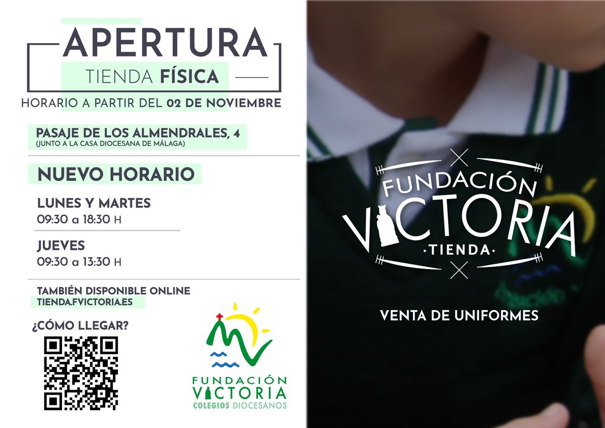 La tienda física de Fundación Victoria, situada en el Pasaje de los Almendrales, nº4, junto a la Casa Diocesana de Málaga, vuelve a su #horario de invierno partir del próximo martes 2 de noviembre.

ℹ fvictoria.es/2021/10/25/la-…

#ColegiosDiocesanos #CaminamosJuntos