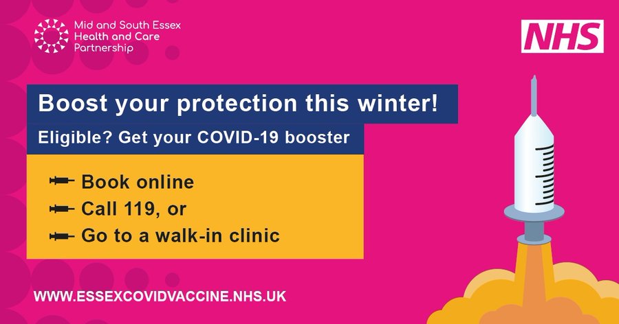 CastlePointAVS's tweet photo. If you’re eligible for a COVID-19 booster jab, act now and have your jab!

Book online, call 119 or go to a walk-in clinic.

Find out more about winter flu and COVID-19 booster jabs here - https://t.co/F6JhveAJlC

#keepsafeessex #keepcovidincheck https://t.co/uyARJX3IKo