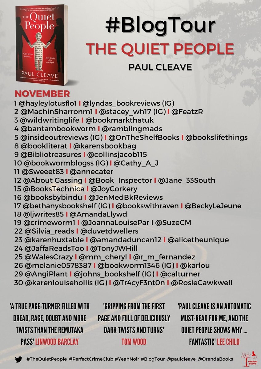 annecater's tweet photo. LOOK!  The @OrendaBooks Blog Tour for #TheQuietPeople by @PaulCleave begins 1 November
#PerfectCrimeClub #YeahNoir 
🧑‍🤝‍🧑

@ramblingmads 
@bookslifethings 
@Karensbookbag 
@Bibliotreasures 
@collinsjacob115 
@Cathy_A_J 
@Sweeet83 
@AboutGassing 
@Book_Inspector 
@Jane_33South https://t.co/rG9RghODKk