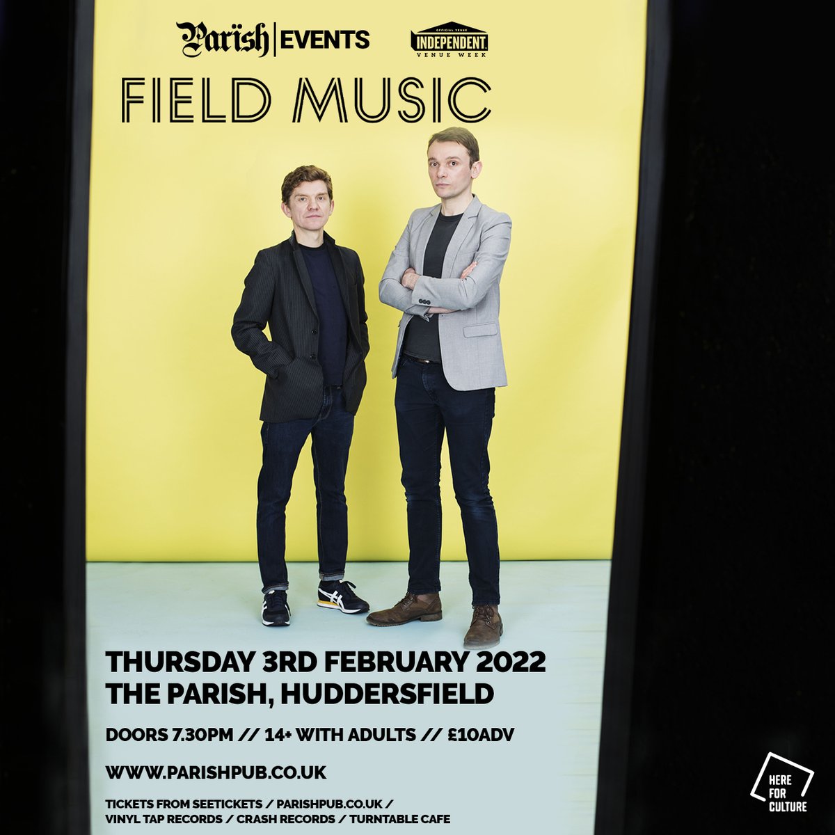 Parish (@parishhudd) on Twitter photo NEW SHOW. <a href="/fieldmusicmusic/">Field Music</a> live at <a href="/ParishHudd/">Parish</a> on Thurs 3rd Feb 2022 as part of @IVW_UK 🤘Tickets on sale Friday 29th Oct at 10am via <a href="/Crash_Records/">Crash Records</a> / <a href="/vinyltaprecords/">Vinyl Tap Records</a> / Seetickets & here - parishpub.co.uk/gigs/ NEW SHOW. <a href="/fieldmusicmusic/">Field Music</a> live at <a href="/ParishHudd/">Parish</a> on Thurs 3rd Feb 2022 as part of @IVW_UK 🤘Tickets on sale Friday 29th Oct at 10am via <a href="/Crash_Records/">Crash Records</a> / <a href="/vinyltaprecords/">Vinyl Tap Records</a> / Seetickets & here - parishpub.co.uk/gigs/