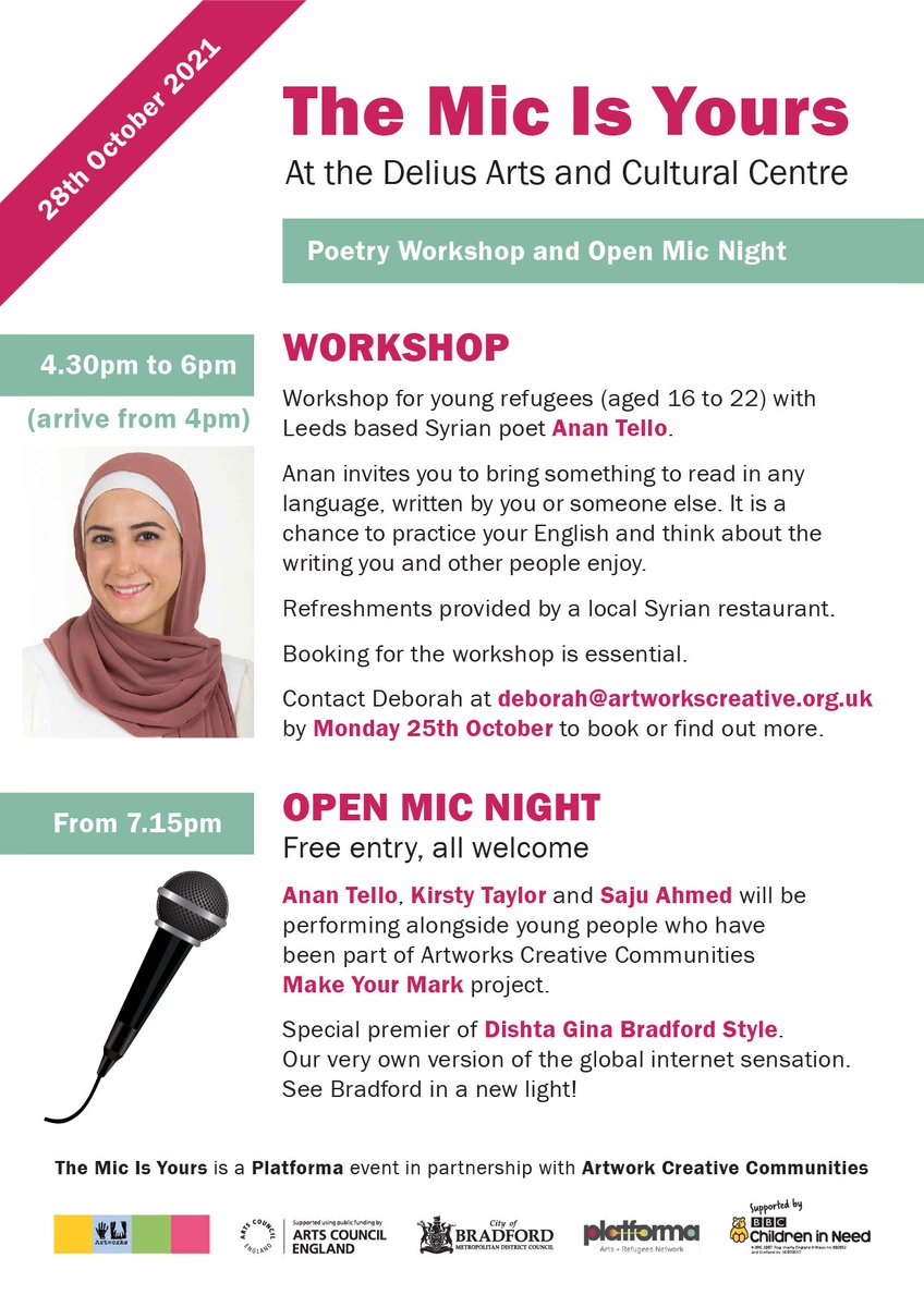 ImpGalleryPhoto's tweet photo. Are you a young refugee? Do you know any young refugees? See details here of a fantastic workshop and open mic event at Delius Arts and Culture Centre. Tomorrow 28 October as part of #Platforma6 💫 the workshop is led by journalist and playwright @AnanTello 1/ https://t.co/QbWSapmD15