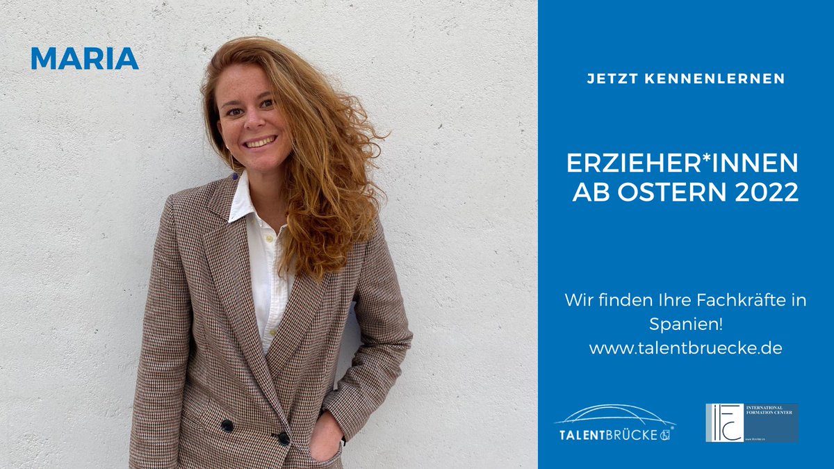 Verstärkung für Ihre Kita ab Ostern 2022! 
Maria – jetzt kennen lernen!
talentbruecke.de

<a href="/IFCenter/">IF Center</a> #Fachkräfte #Erzieher #Erzieherin #Kita #Kindergarten
#Mitarbeiter #Jobs #Unternehmen #Business #Spanien #Deutschland #Recruiting #Ausland
#moveyeu