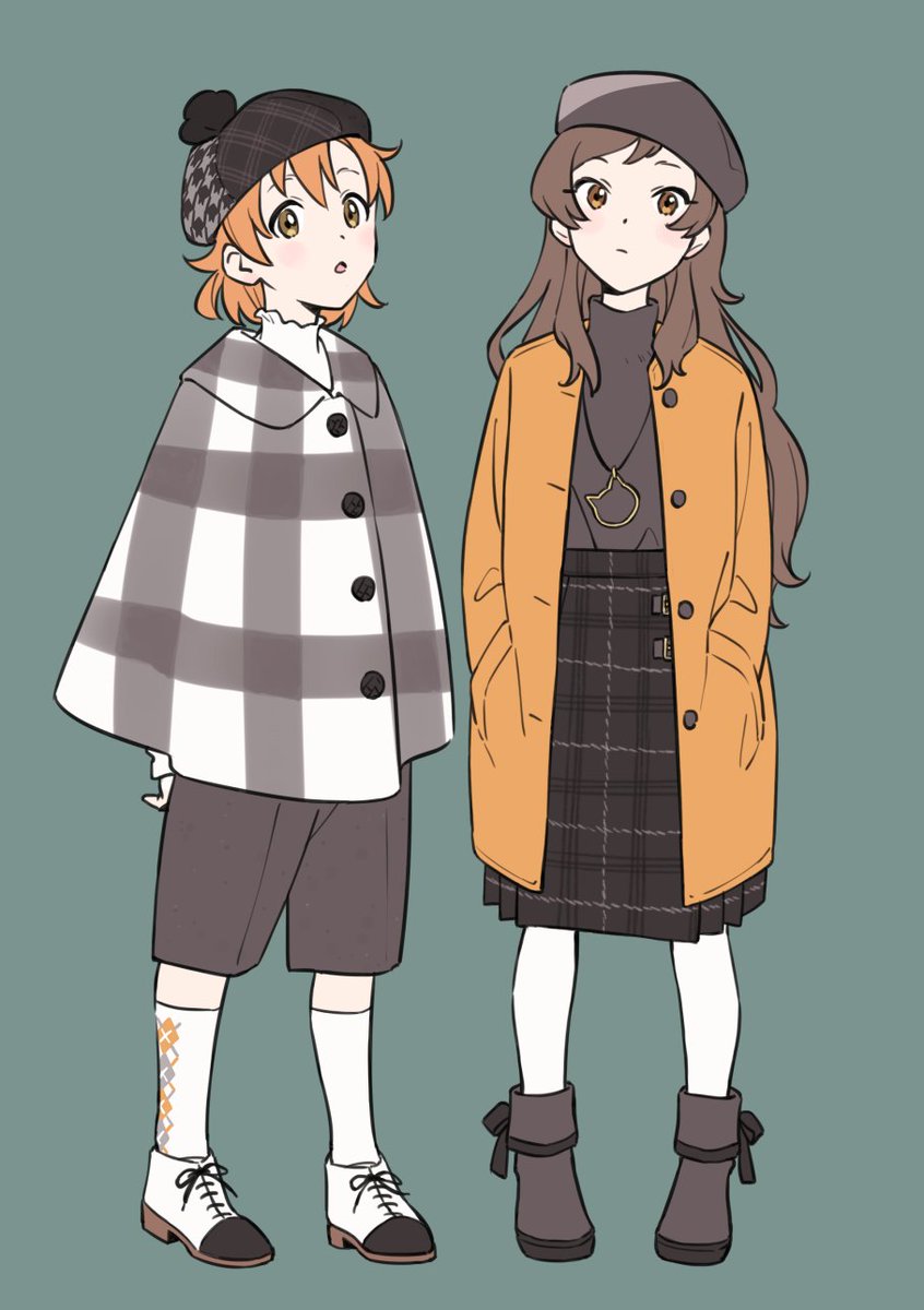kitazawa shiho multiple girls 2girls hat long hair brown hair skirt simple background  illustration images