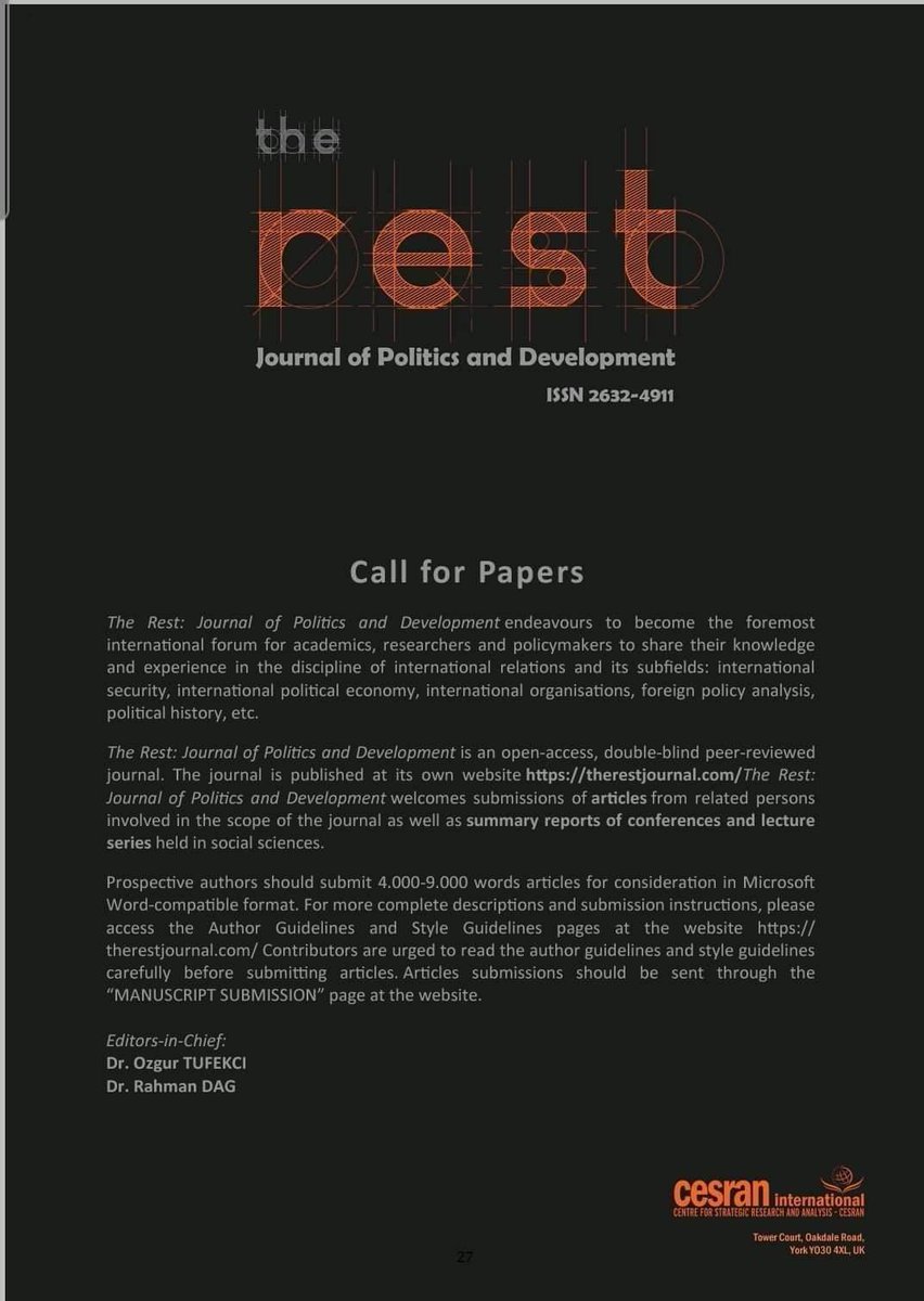 📢 [Call for Papers] 

⏳The Rest: Journal of Politics and Development welcomes submissions of articles.

🖇️For more info:
therestjournal.com