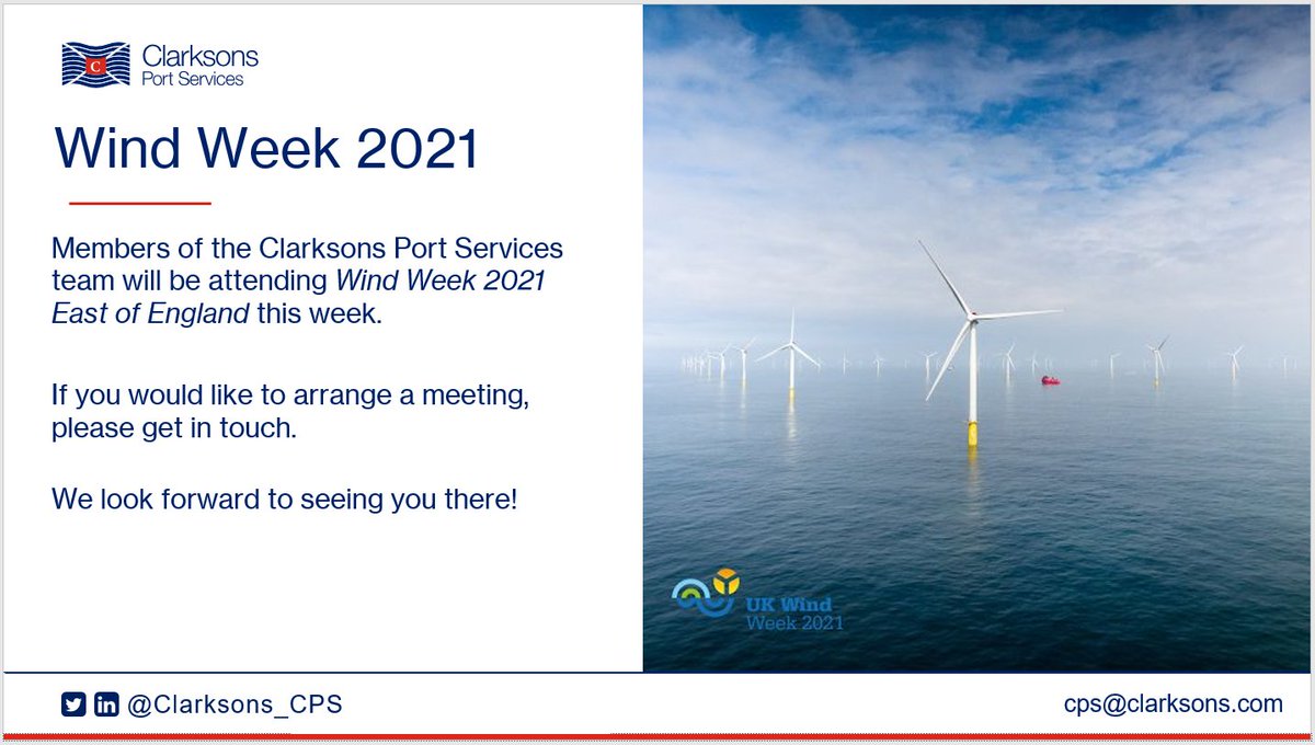 Clarksons_CPS's tweet photo. * Wind Week 2021 * Stephen Smith &amp; Sophie Wilson will be attending 'Wind Week 2021 East of England' this week. If you would like to arrange a meeting, please get in touch. We look forward to seeing you there! #clarksonsportservices #windweek2021 @RenewableUK  @EEEGR #windenergy https://t.co/NOf0jZtyfh