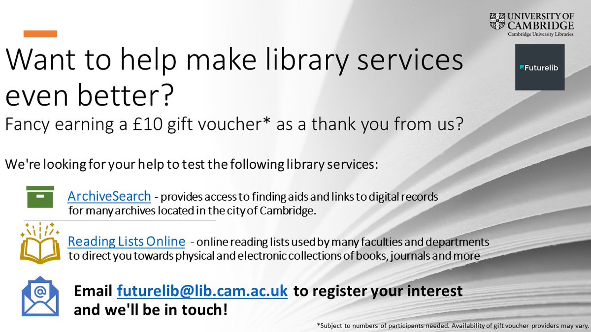 Studying with <a href="/Cambridge_Uni/">Cambridge University</a>? 🎓 Fancy a £10 gift voucher for helping us improve library services? 💸Yeah, we thought so 😎
📧 email futurelib@cam.ac.uk or send us a DM 📩 
Be great to hear from you! 🔊👍