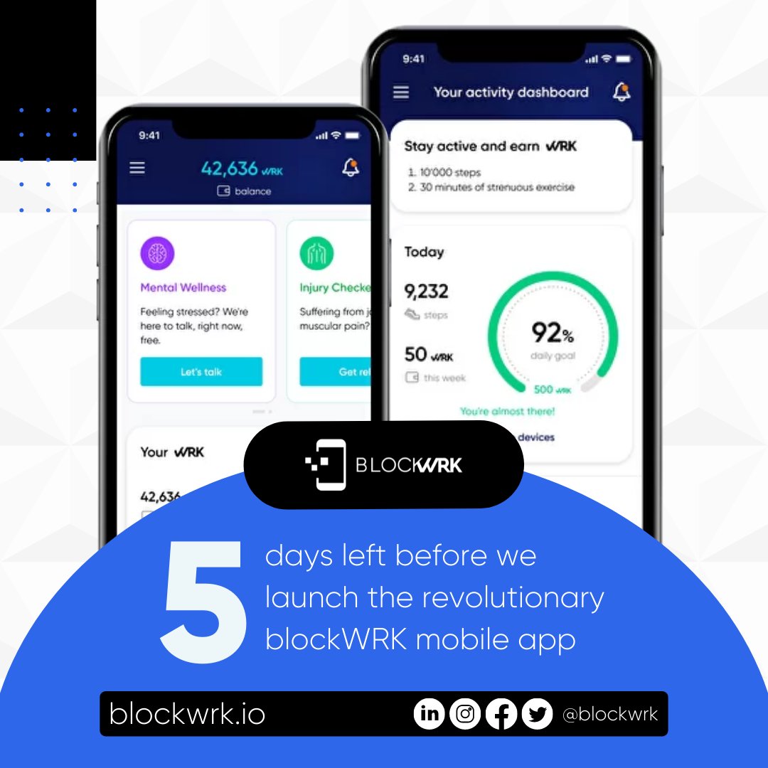 BlockWrk's tweet photo. We are only 5 days away from the release of the #blockWRK mobile app. Don't miss out on being an early adopter and earn real-time #cryptorewards.
#Apprelease #Android #iOS #NewApp #WRK https://t.co/V75WvoJrZ3