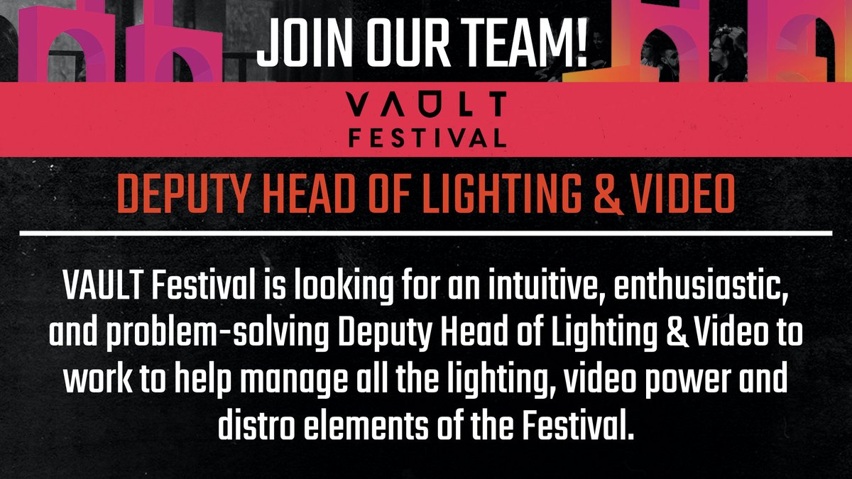 We're recruiting for a DEPUTY HEAD OF LIGHTING &amp; VIDEO! We're looking for an intuitive, enthusiastic, and problem-solving person to join our team for #VAULTFestival2022. Deadline is 8pm, 15th November. Get the full details &amp; apply at vaultfestival.com/work-with-us/
#artsjobs