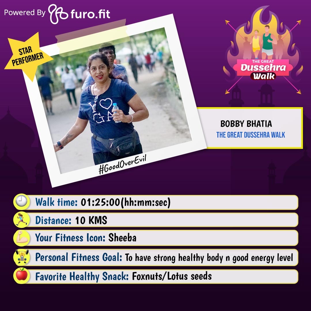 Today's Inspiration:
Ms. Bobby Bhatia For The Great Dussehra Walk #GoodOverEvil Star Performer.💫

Congratulations and BRAVO! You did it! 🙌

#stepscount #stepschallenge #starperformer #virtualevent #wednesdaymotivation #walkwalkwalk #walking #walkwithindia #wednesdayinspiration