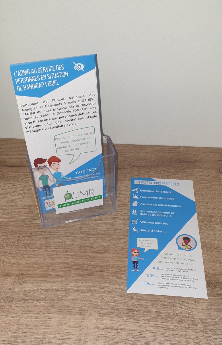 Partenaire de <a href="/UNADEV_France/">UNADEV</a>, l'ADMR du Jura propose, via le Dispositif National d'Aide A Domicile, une aide financière aux personnes déficientes visuelles pour des prestations d'aide à domicile !
👉 A cet effet, un flyer est en cours de diffusion dans le Jura !