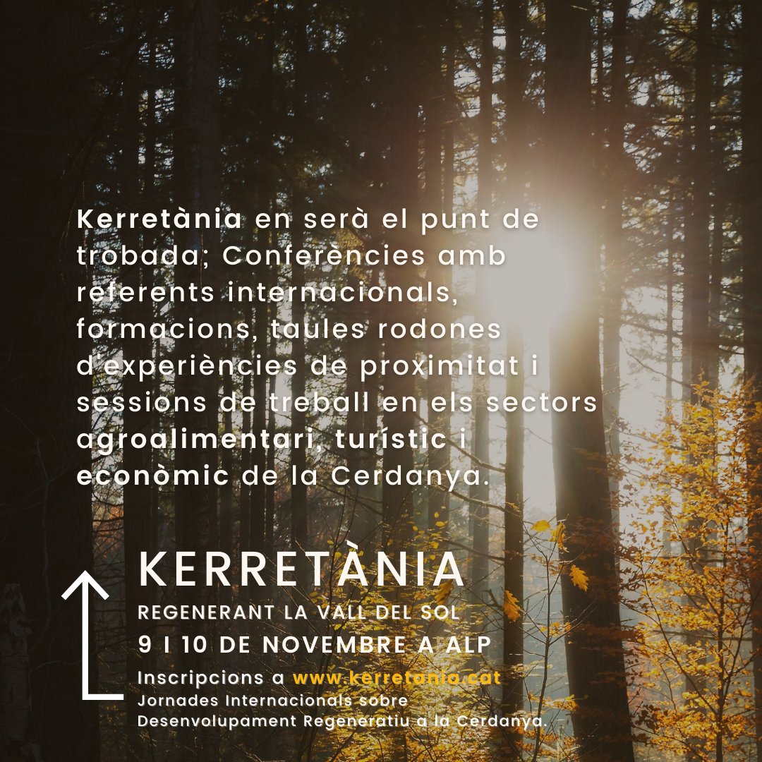 TurismeCerdanya's tweet photo. #Kerretania
🗓️ 9-10 Novembre, Alp
📍 Punt de trobada dels projectes i persones que aposten per un turisme més que sostenible, per un sector agroalimentari visibilitzat i d'impacte positiu en tots els àmbits
➕ℹ️ https://t.co/TKylBClJpB
Inscripcions obertes i sense cost. https://t.co/nWUfzqnJ9q