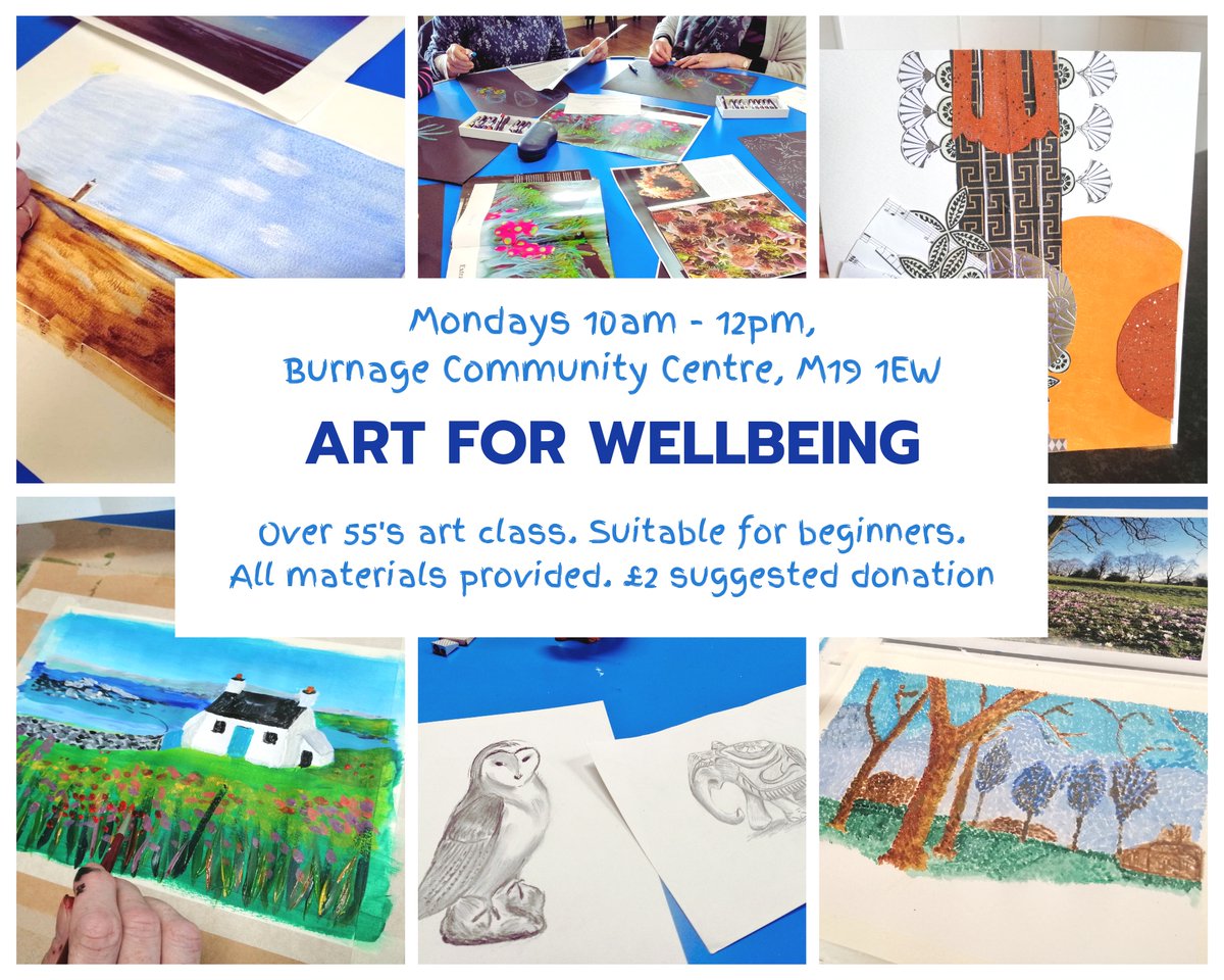Do you find art relaxing? Why not try this age friendly over 55's Art for Wellbeing class! Every Monday over at <a href="/BurnageCC/">Burnage CommCentre</a>. Beginners welcome and materials provided.