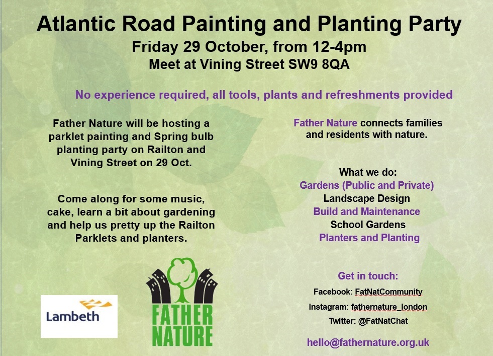 BrixtonBID's tweet photo. @FatNatChat will be hosting a #parklet painting and #Spring bulb planting party on Atlantic Road/Vining Street

All businesses and residents welcome!

Fri 29th Oct 12pm-4pm

No experience required, all tools and refreshments provided 🥳

#workshop #brixtonlocal #Brixton https://t.co/ADCkBgCyhx