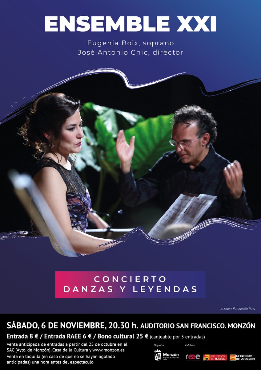 Monzón Cultural (@monzoncultural) on Twitter photo 📣 ¡QUEDA UNA SEMANA! 🎶 Para disfrutar del concierto "Danzas y leyendas" de la formación <a href="/Ensemble_XXI/">Ensemble XXI</a> junto a <a href="/EugeniaBoix/">Eugenia Boix</a>. 🎙🎻 ¿Ya tienes tu entrada?
📅 Sábado 6, 20.30 h
📍 Auditorio San Francisco
🎟 SAC, Casa de la Cultura y bit.ly/Entradas-Monzon
#Monzón 📣 ¡QUEDA UNA SEMANA! 🎶 Para disfrutar del concierto "Danzas y leyendas" de la formación <a href="/Ensemble_XXI/">Ensemble XXI</a> junto a <a href="/EugeniaBoix/">Eugenia Boix</a>. 🎙🎻 ¿Ya tienes tu entrada?
📅 Sábado 6, 20.30 h
📍 Auditorio San Francisco
🎟 SAC, Casa de la Cultura y bit.ly/Entradas-Monzon
#Monzón